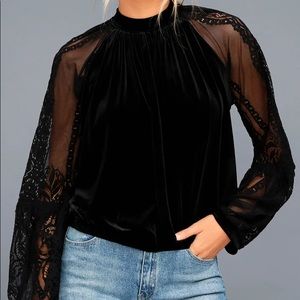 Free People Black Velvet and Lace Mock Neck Top
